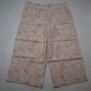 land n sea XL Pink Leaf Linen Pull On Beach Wide Leg Cropped Womens Pants